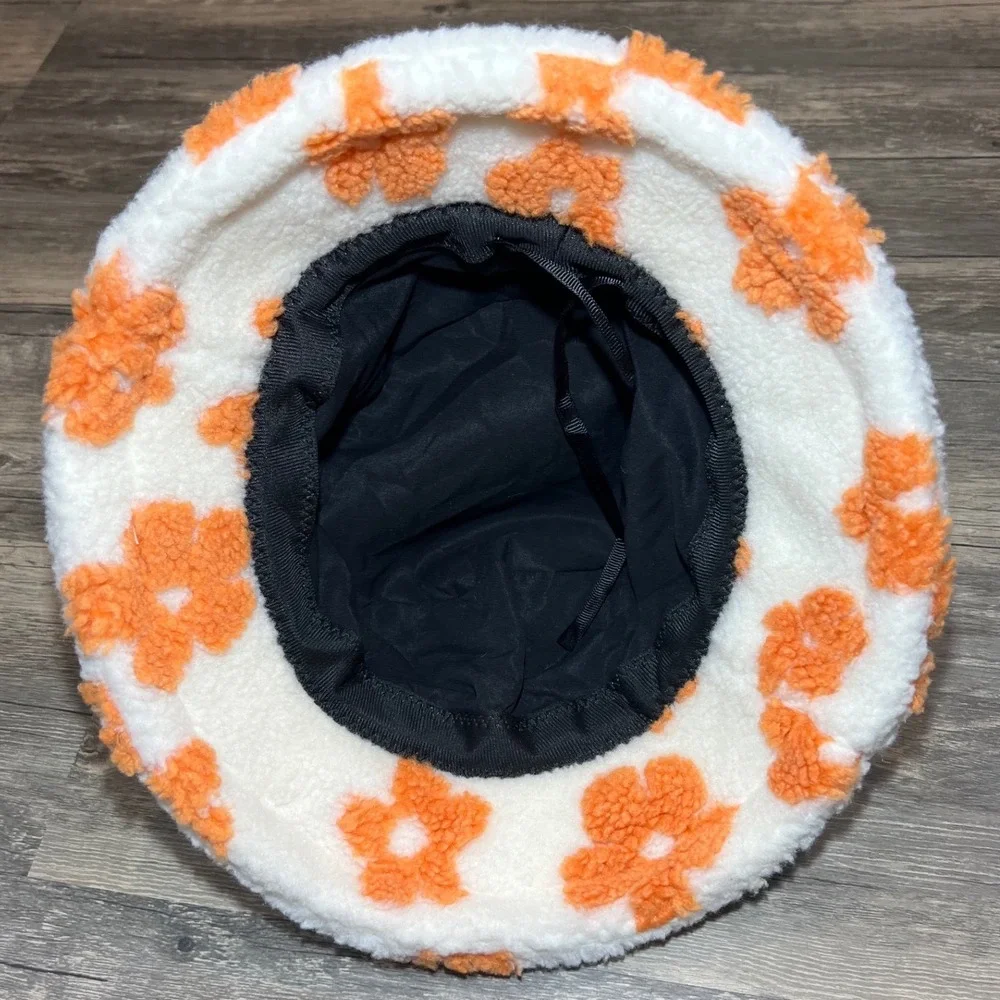 Orange Floral Sherpa Bucket Hat Cream Teddy Fleece Y2K Indie Soft Girl‎ Festival